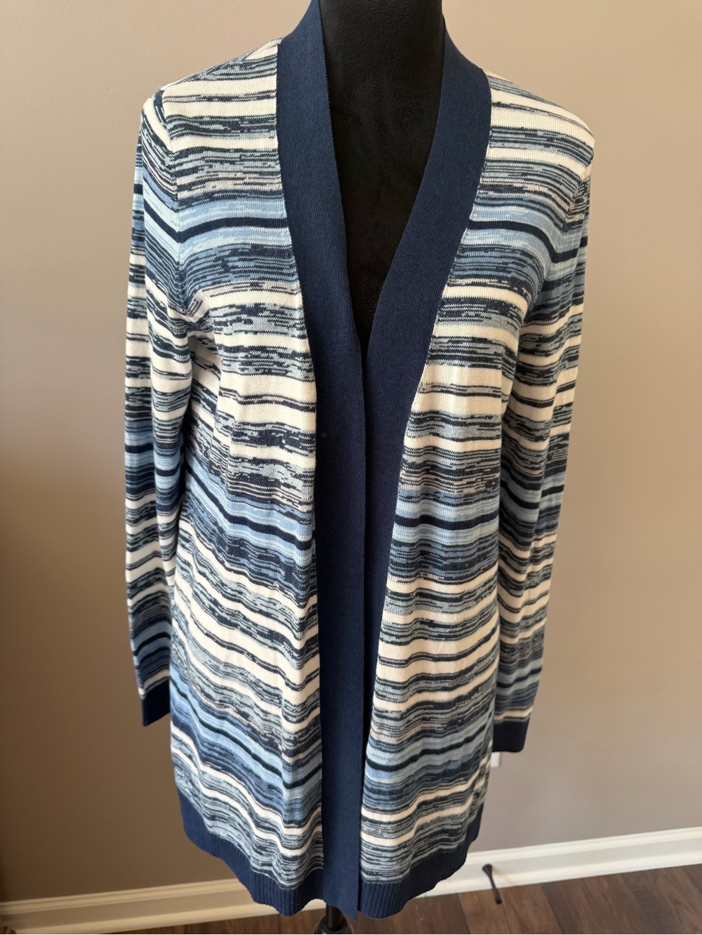 White House Black Market NEW Open-Front Blue Stripe Women's Cardigan Sweater LGE